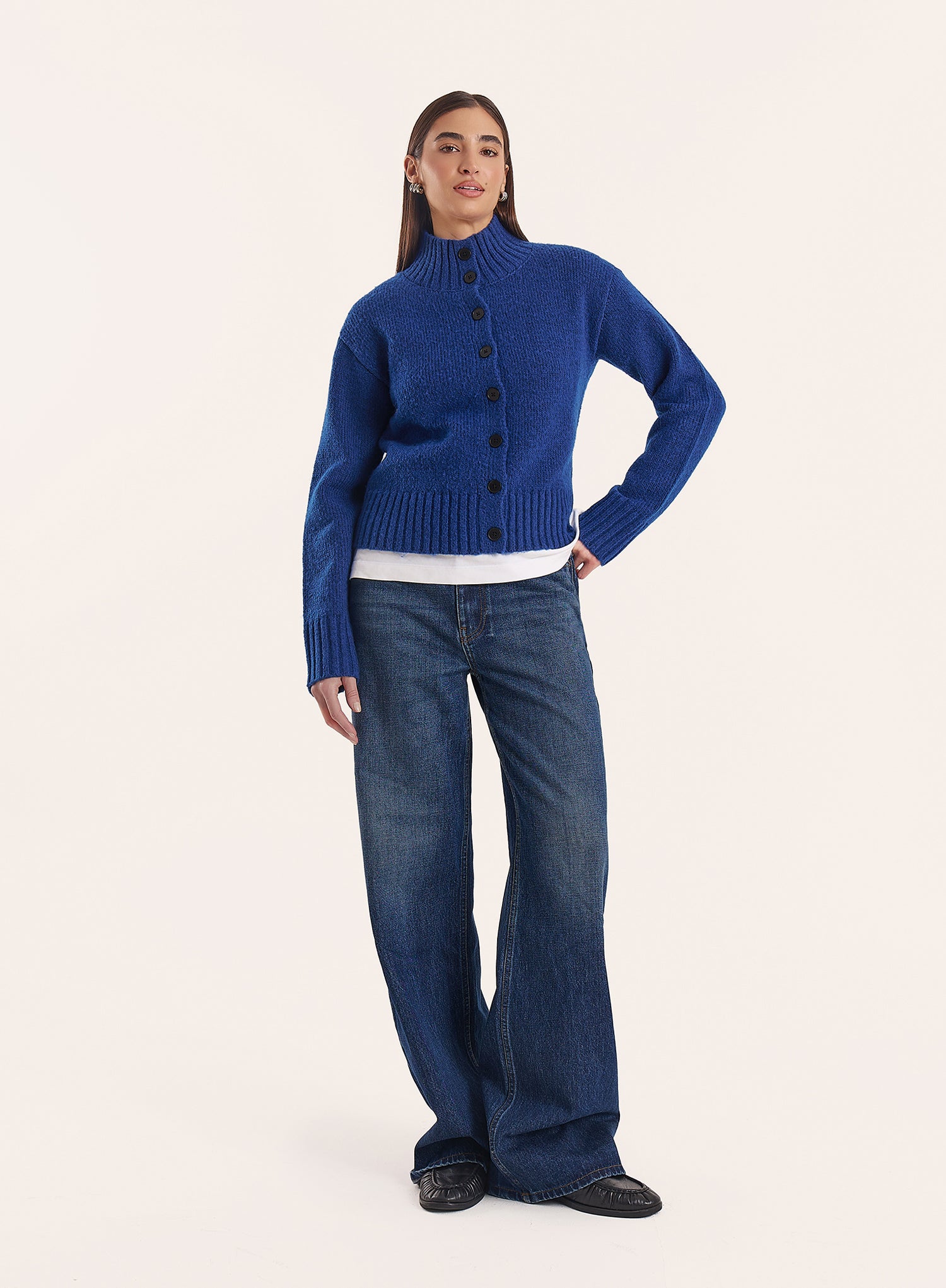 Blue Knitted Ribbed Button Down Cardigan